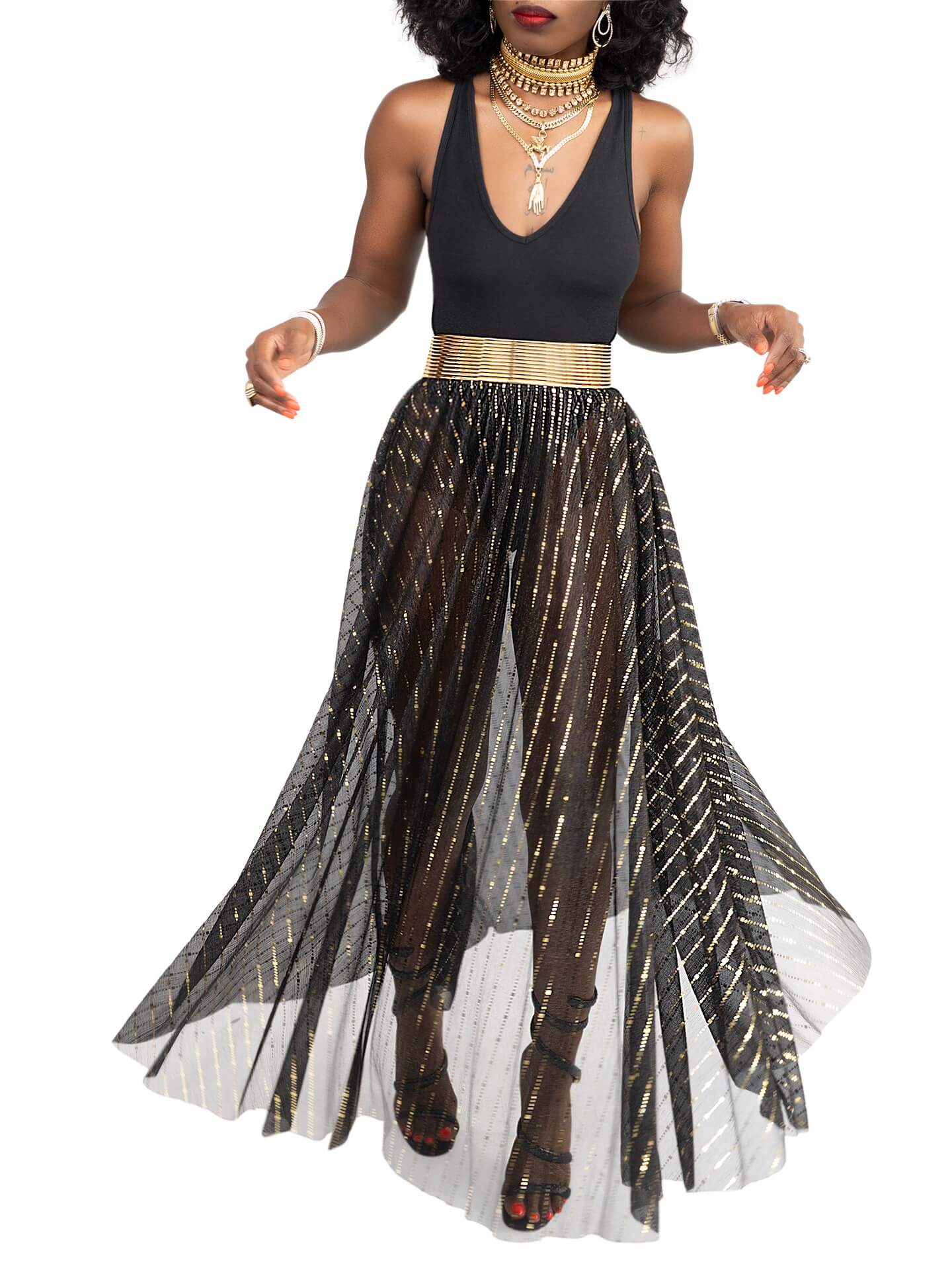 "Bliss" Gold & Black Swing See Through Skirt - Image 3
