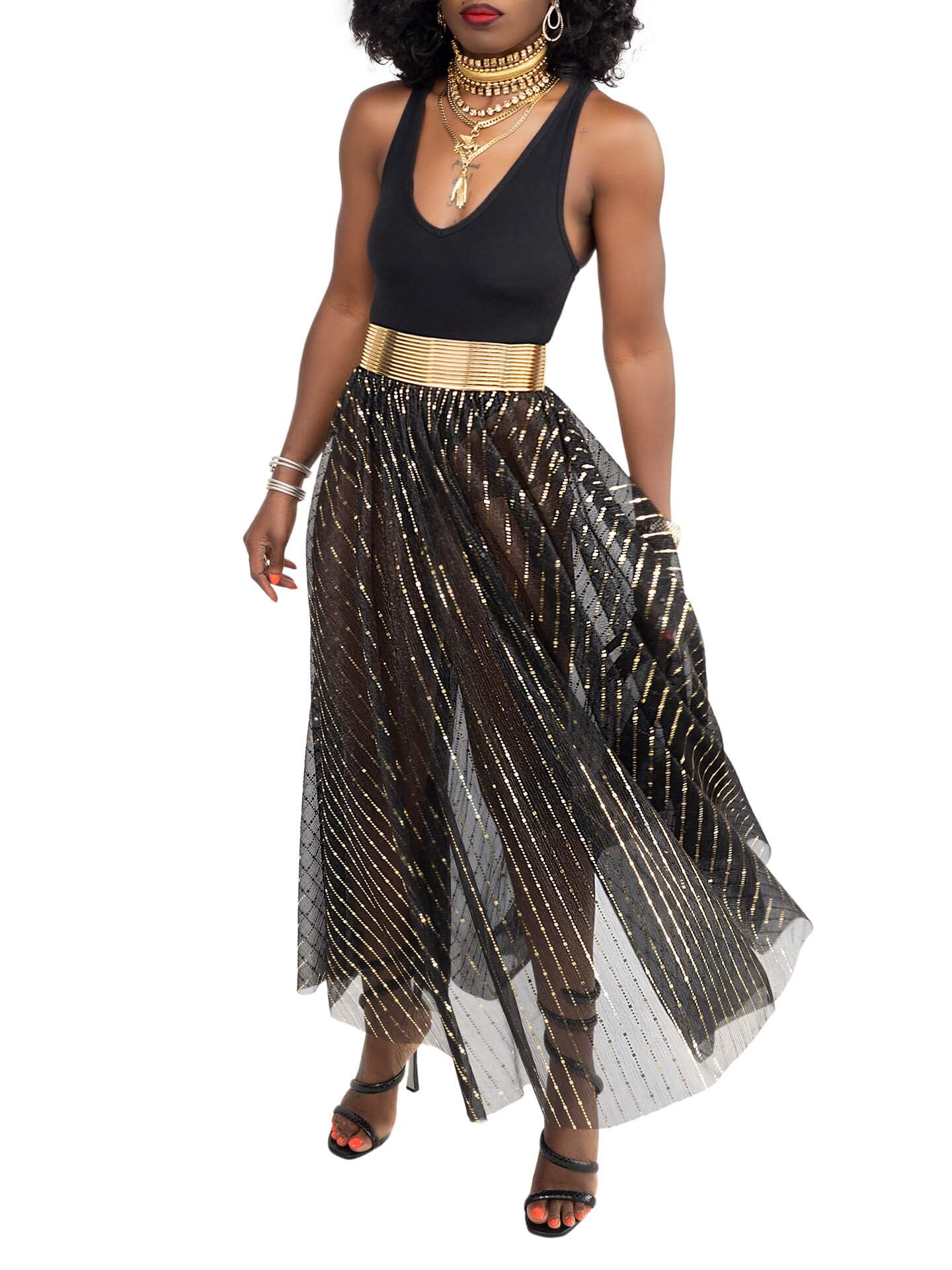 "Bliss" Gold & Black Swing See Through Skirt - Image 4