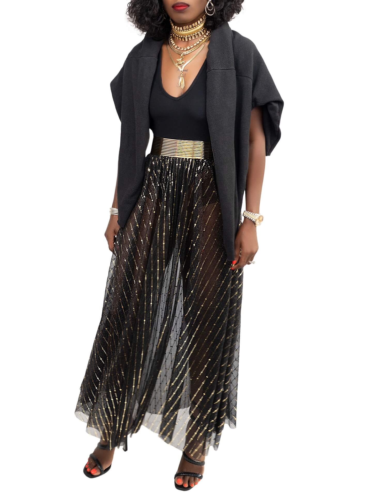 "Bliss" Gold & Black Swing See Through Skirt - Image 5
