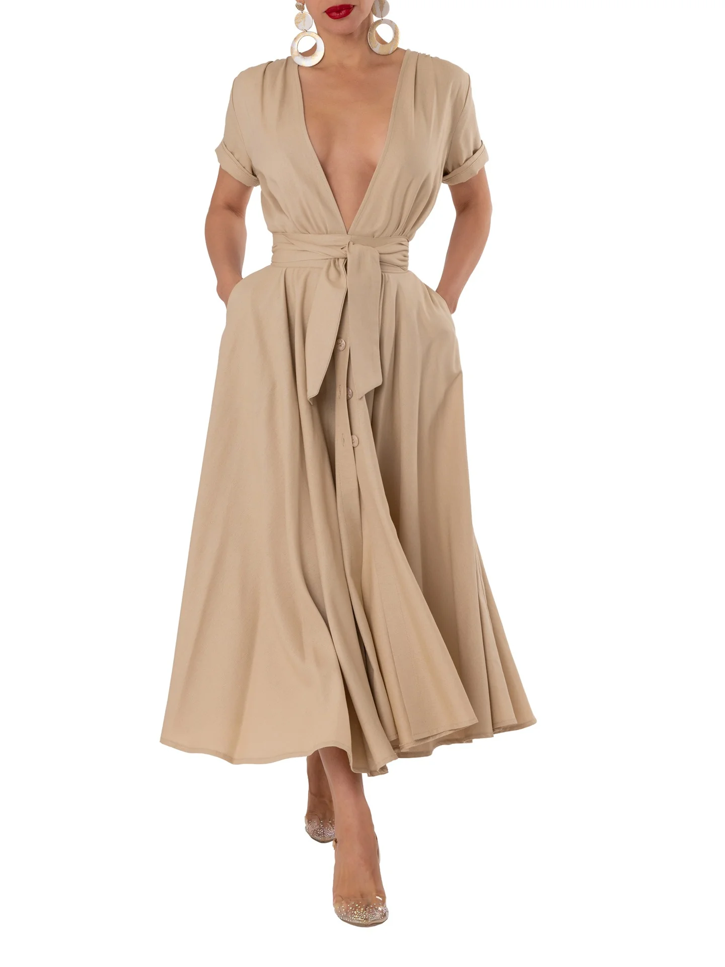 "Cabana" Tan Deep-V Button-Down Dress - Image 5