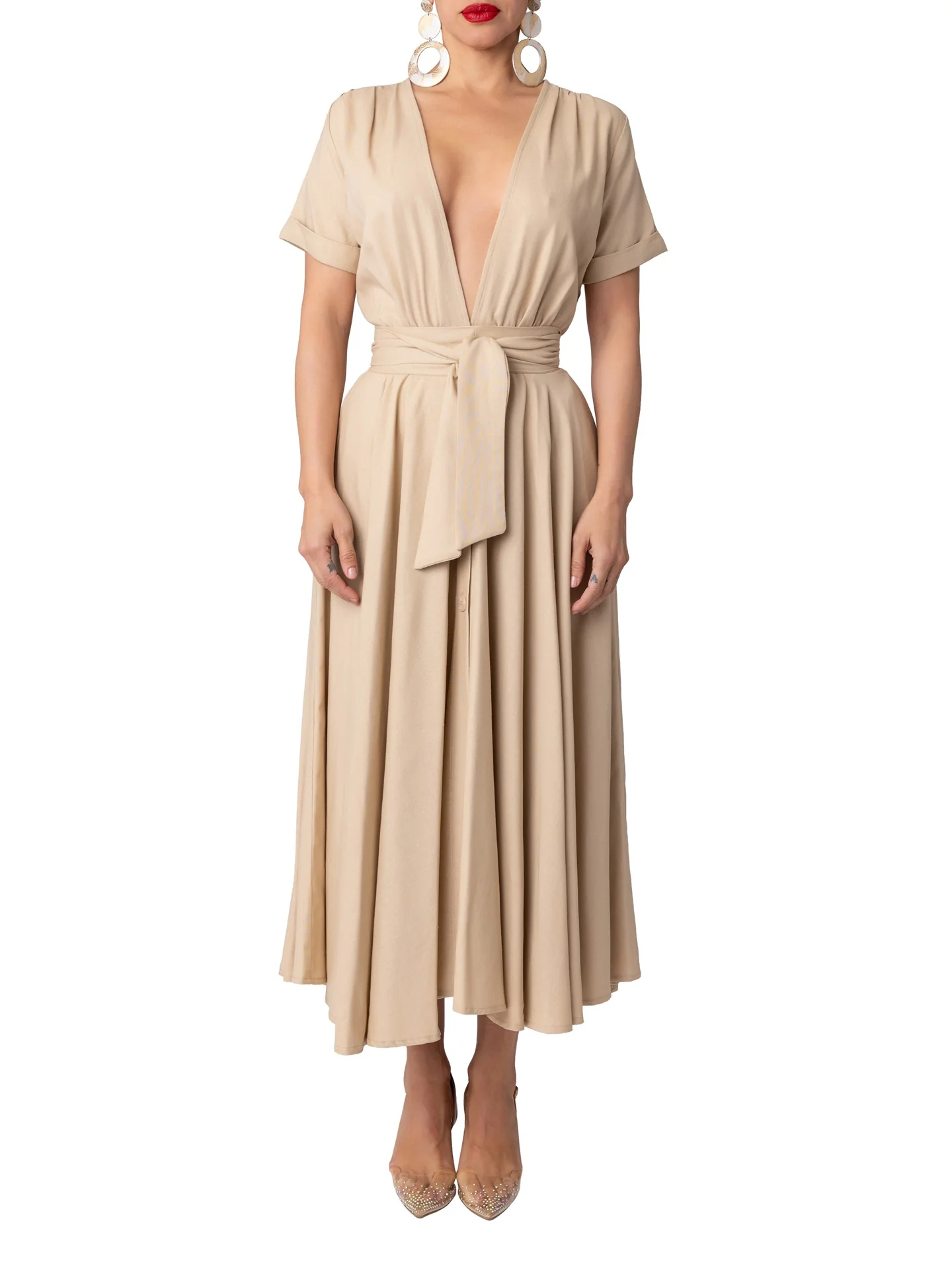 "Cabana" Tan Deep-V Button-Down Dress - Image 7