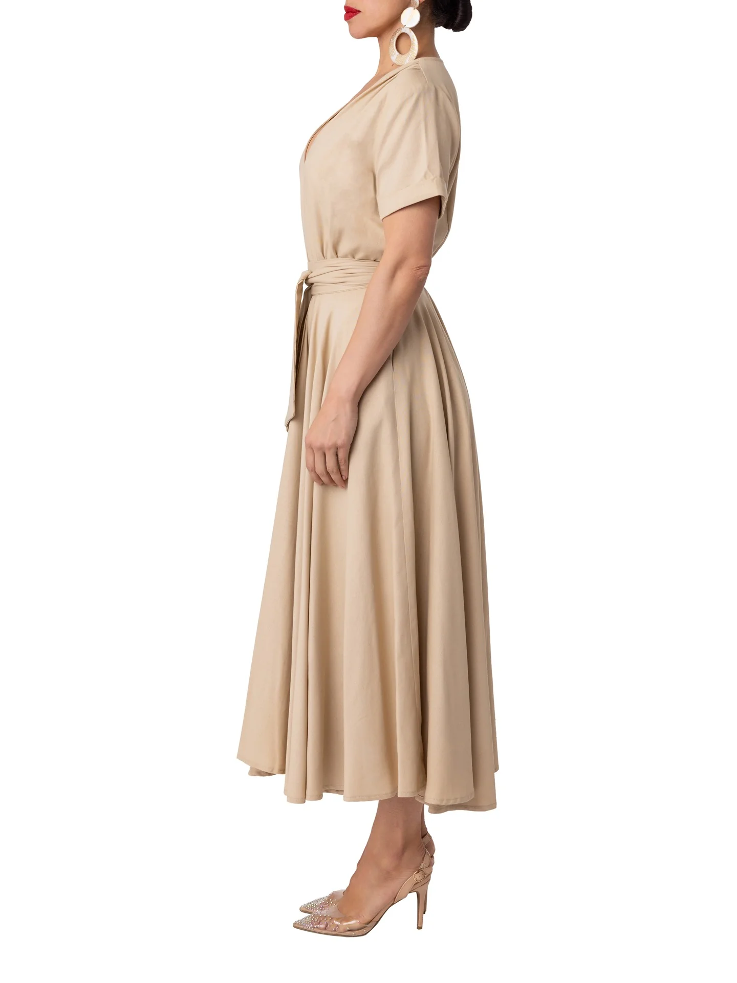 "Cabana" Tan Deep-V Button-Down Dress - Image 8