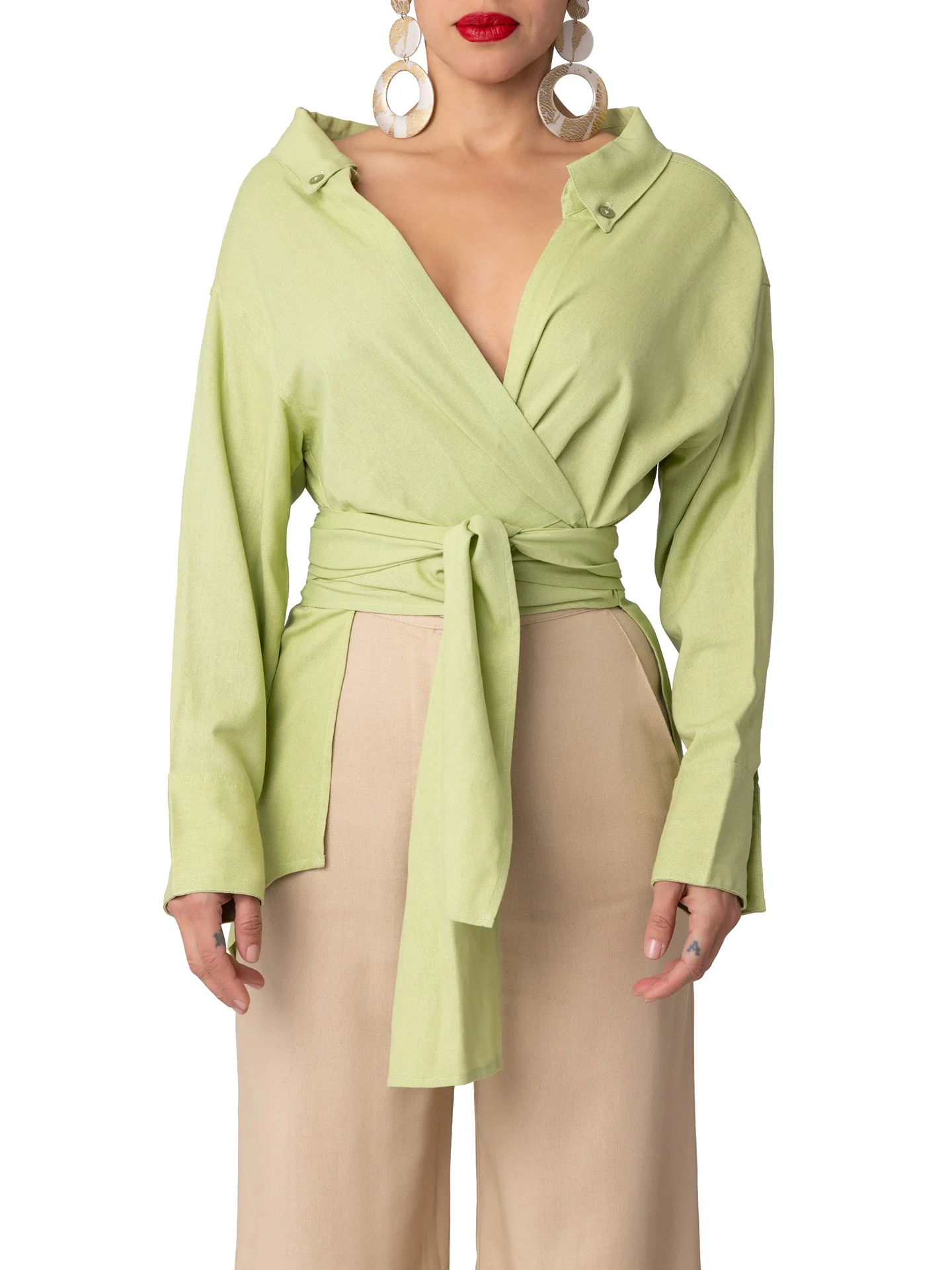 "Cayman" Sage Off-Shoulder Wrap Shirt - Image 5