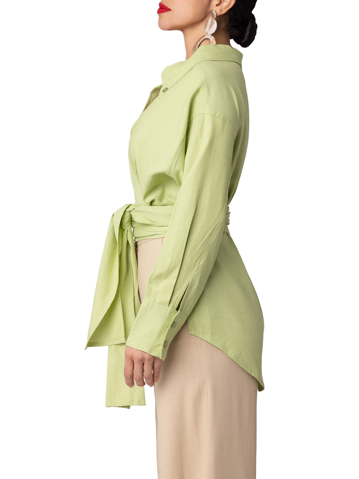 "Cayman" Sage Off-Shoulder Wrap Shirt - Image 6