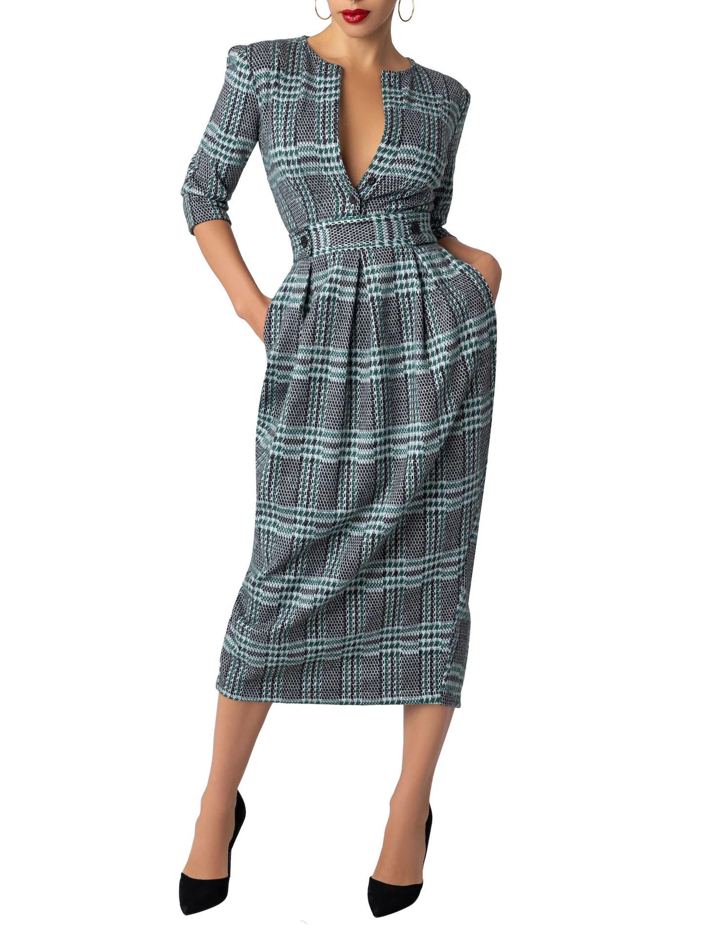 “Derby” Green Brushed Plaid Tulip Dress - Image 3