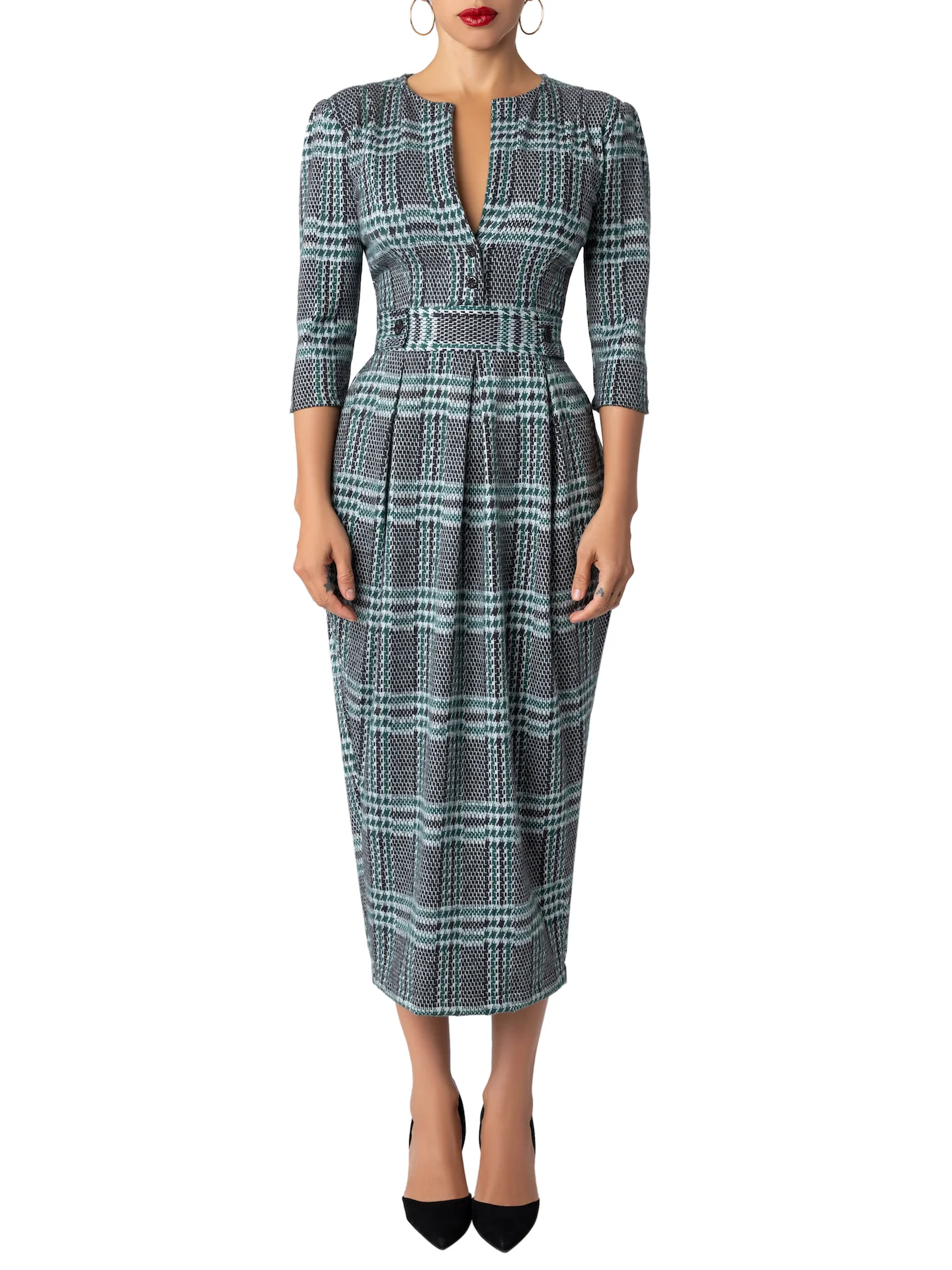 “Derby” Green Brushed Plaid Tulip Dress - Image 4