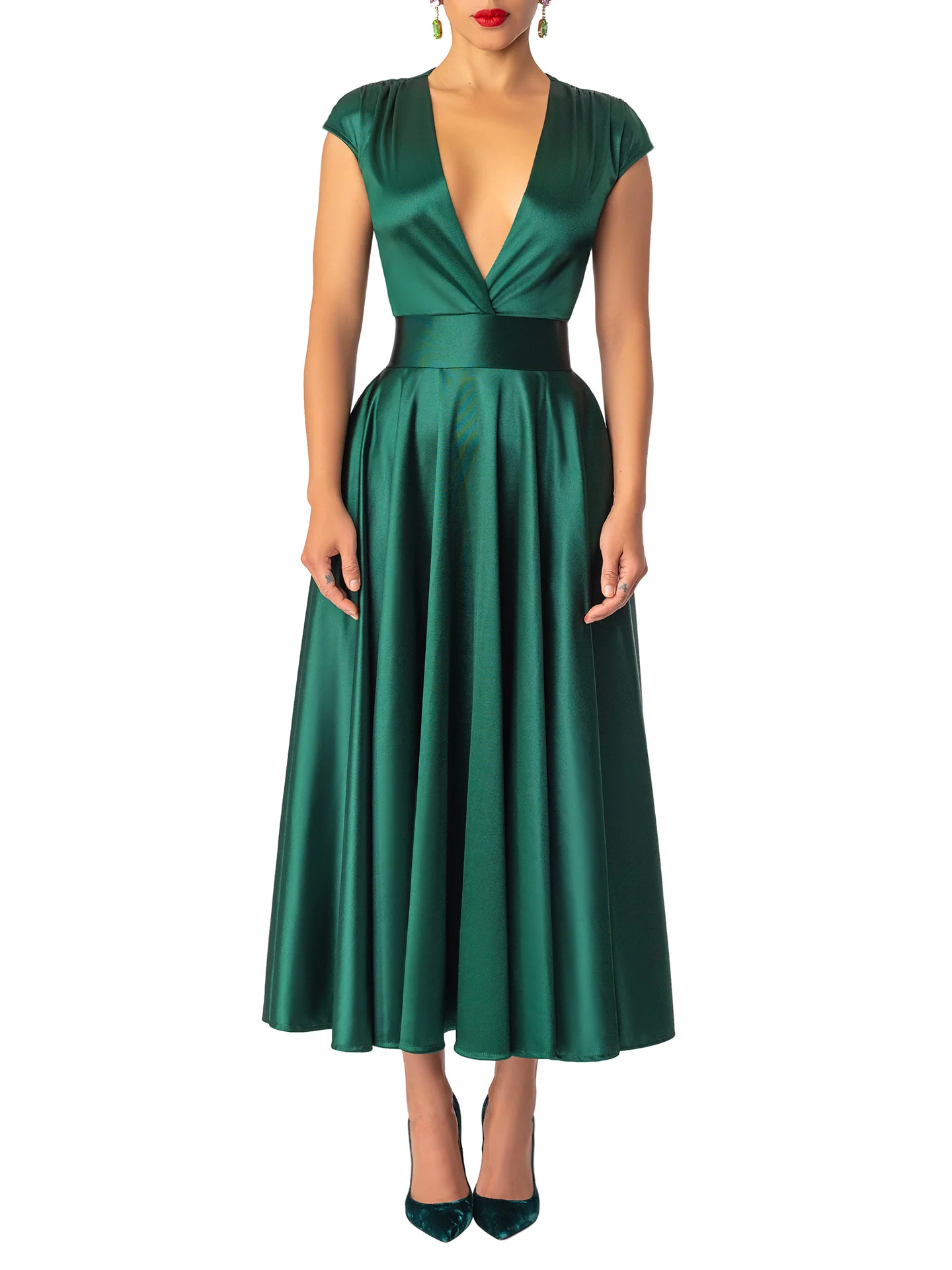 "Emerald" V-Neck Midi Swing Dress - Image 3
