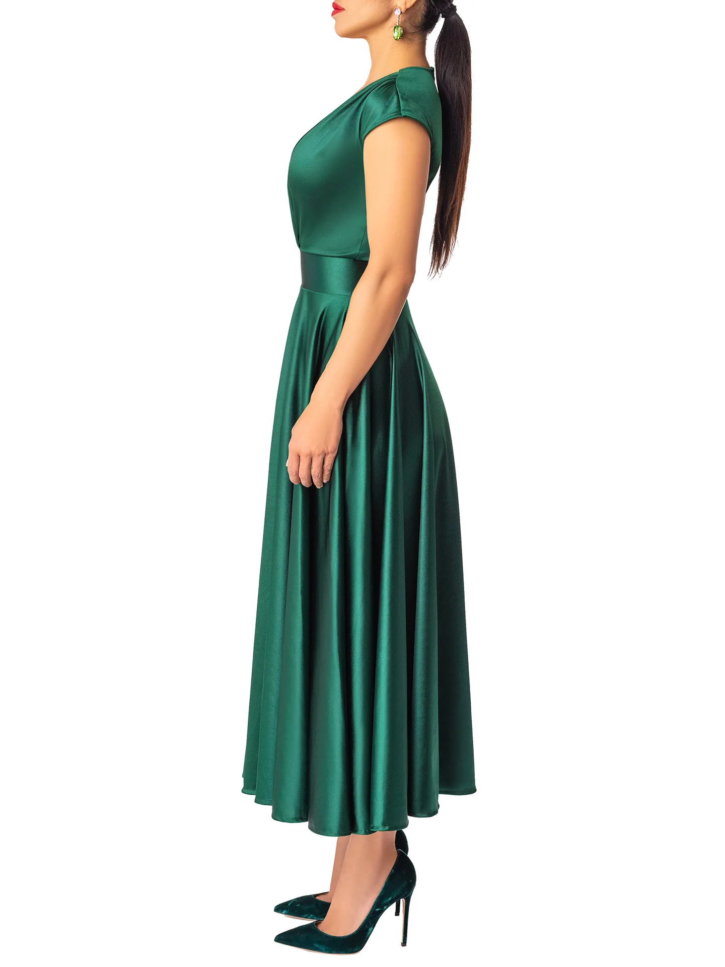 "Emerald" V-Neck Midi Swing Dress - Image 4