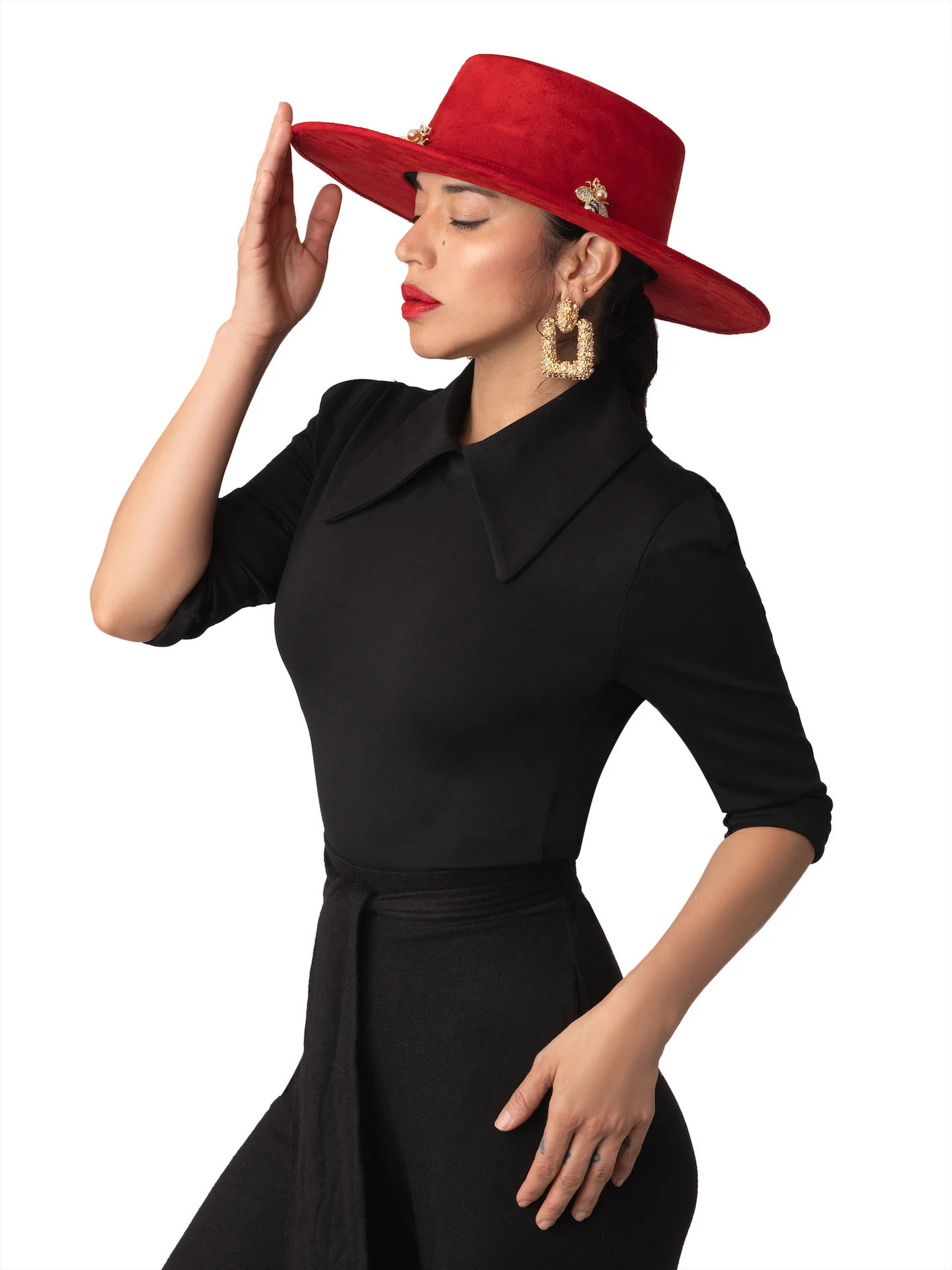 "Icon" Red Embellished Wide Brim Hat - Image 3