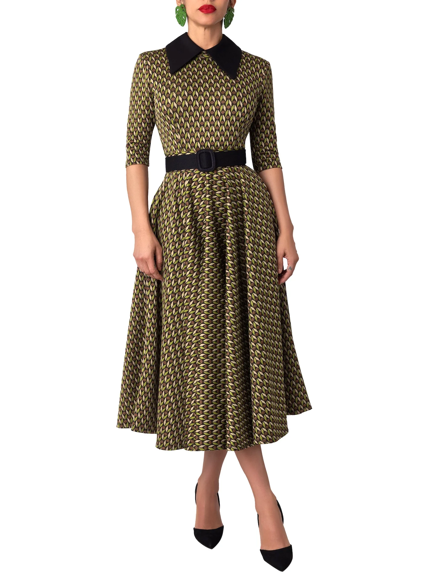 “Katerina” Pattern Collared Swing Dress - Image 3