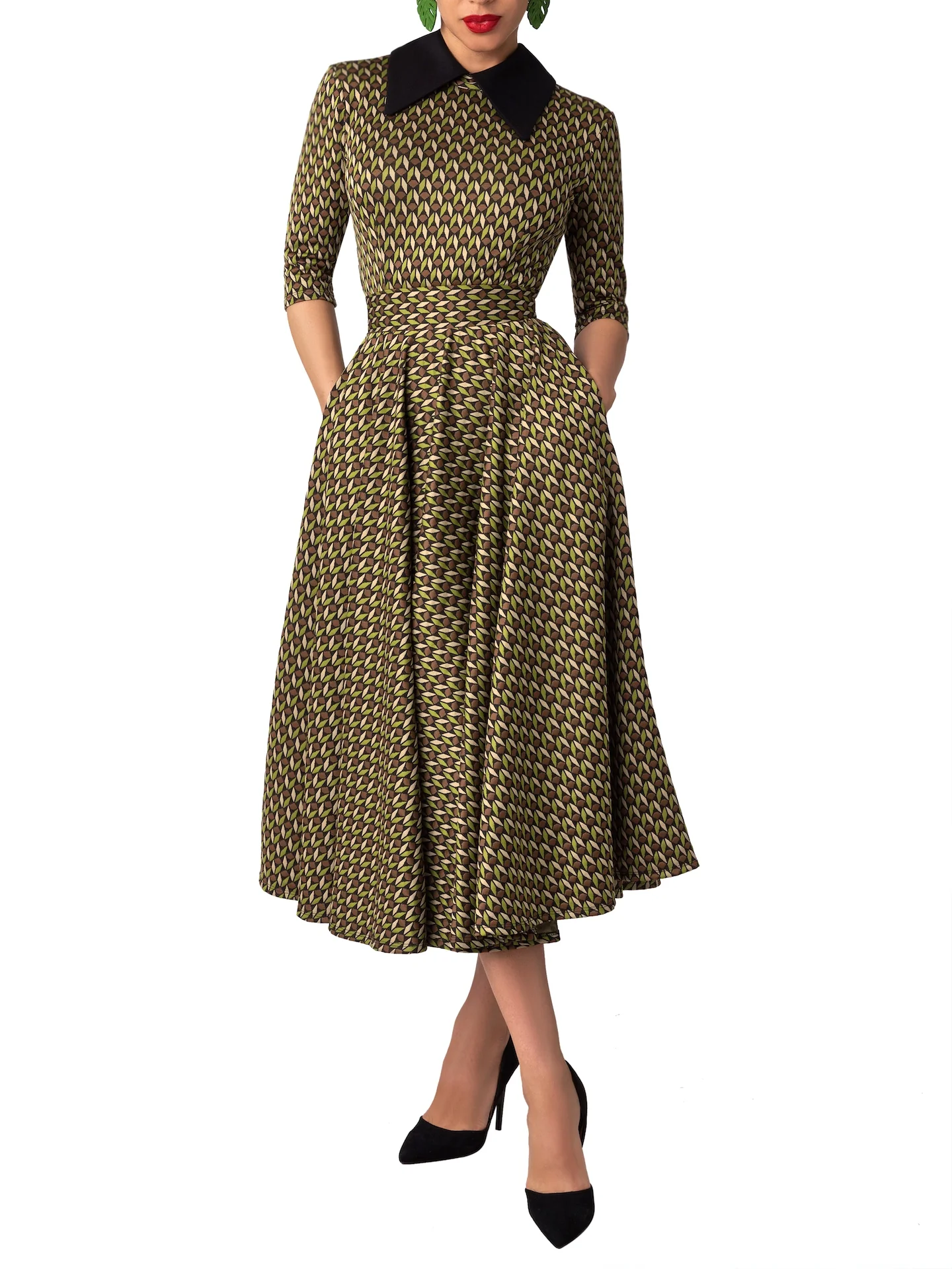“Katerina” Pattern Collared Swing Dress - Image 4