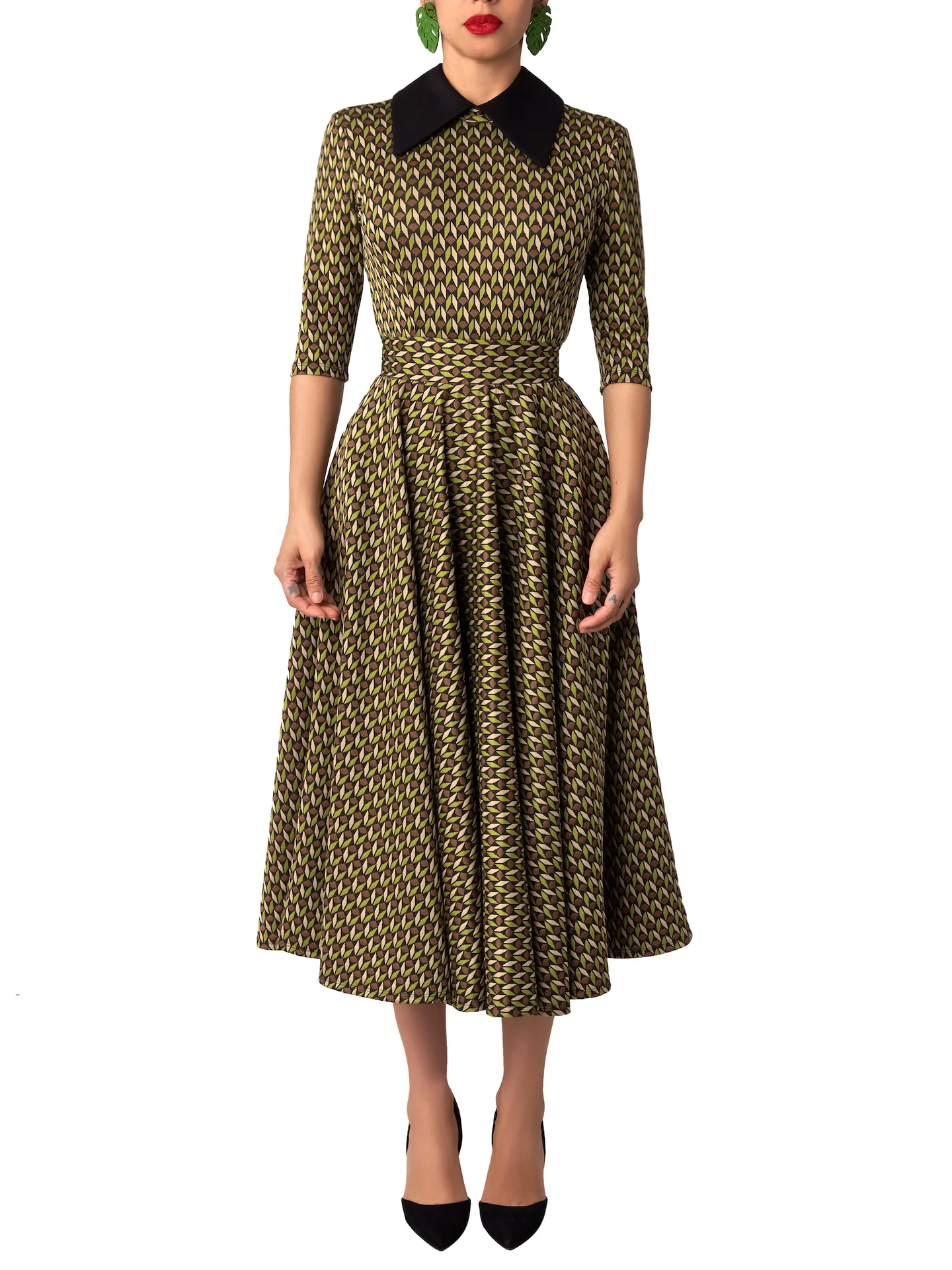 “Katerina” Pattern Collared Swing Dress - Image 5