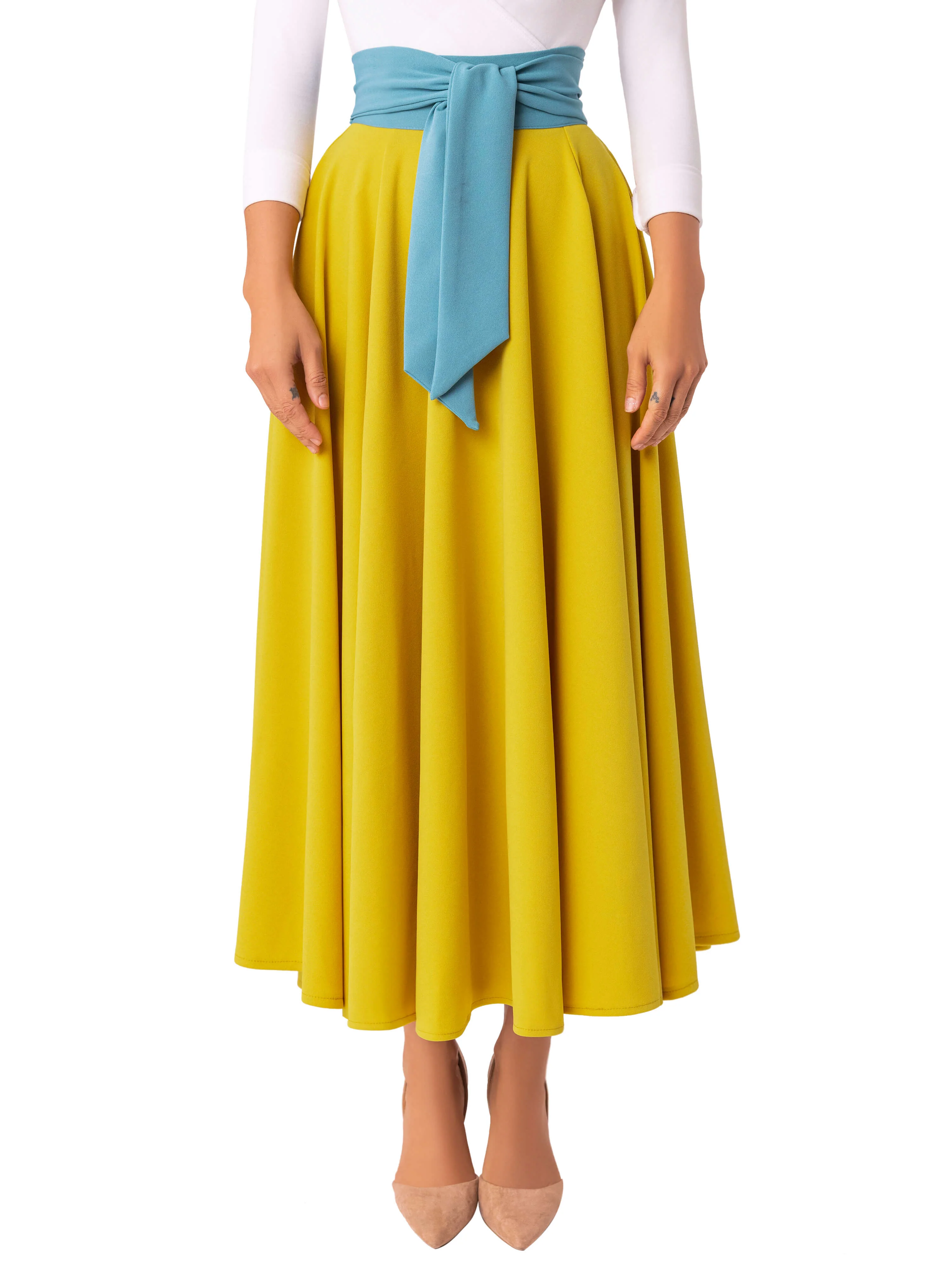 "Liliana" Chartreuse Contrast Waist Swing Skirt - Image 3