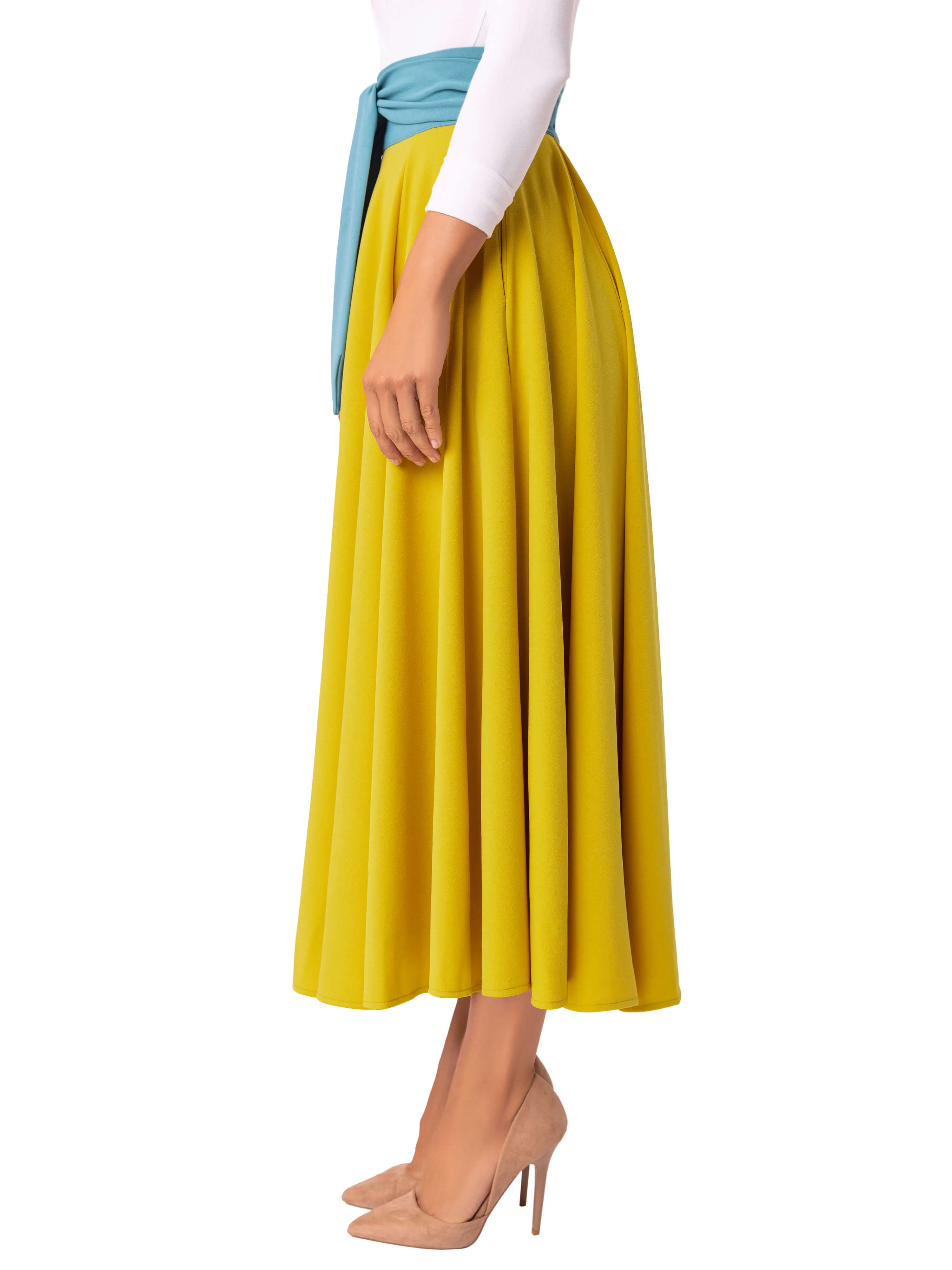 "Liliana" Chartreuse Contrast Waist Swing Skirt - Image 4