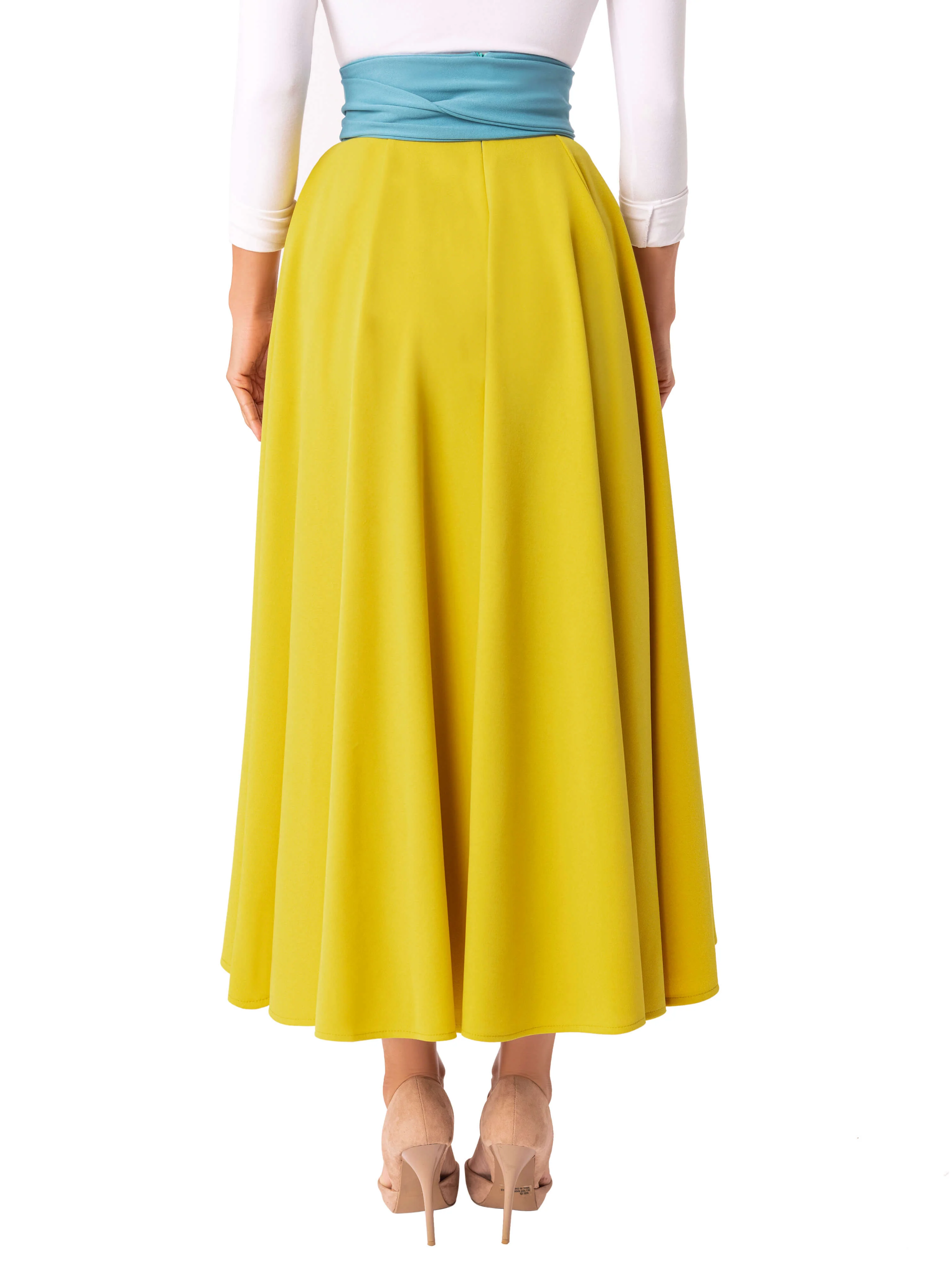 "Liliana" Chartreuse Contrast Waist Swing Skirt - Image 5