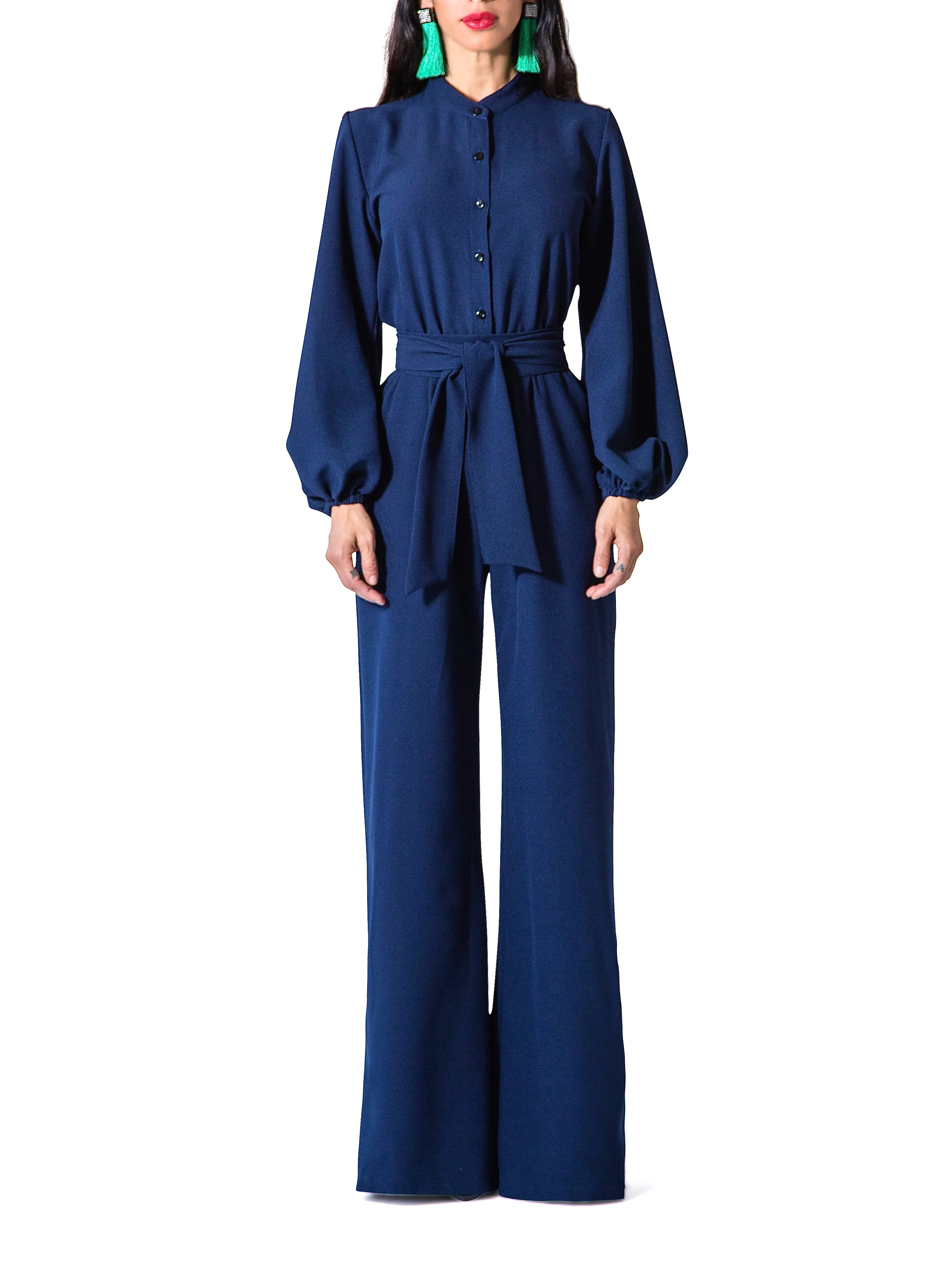 "Linda" Navy Bell Sleeve Wide Leg Jumpsuit - Image 3