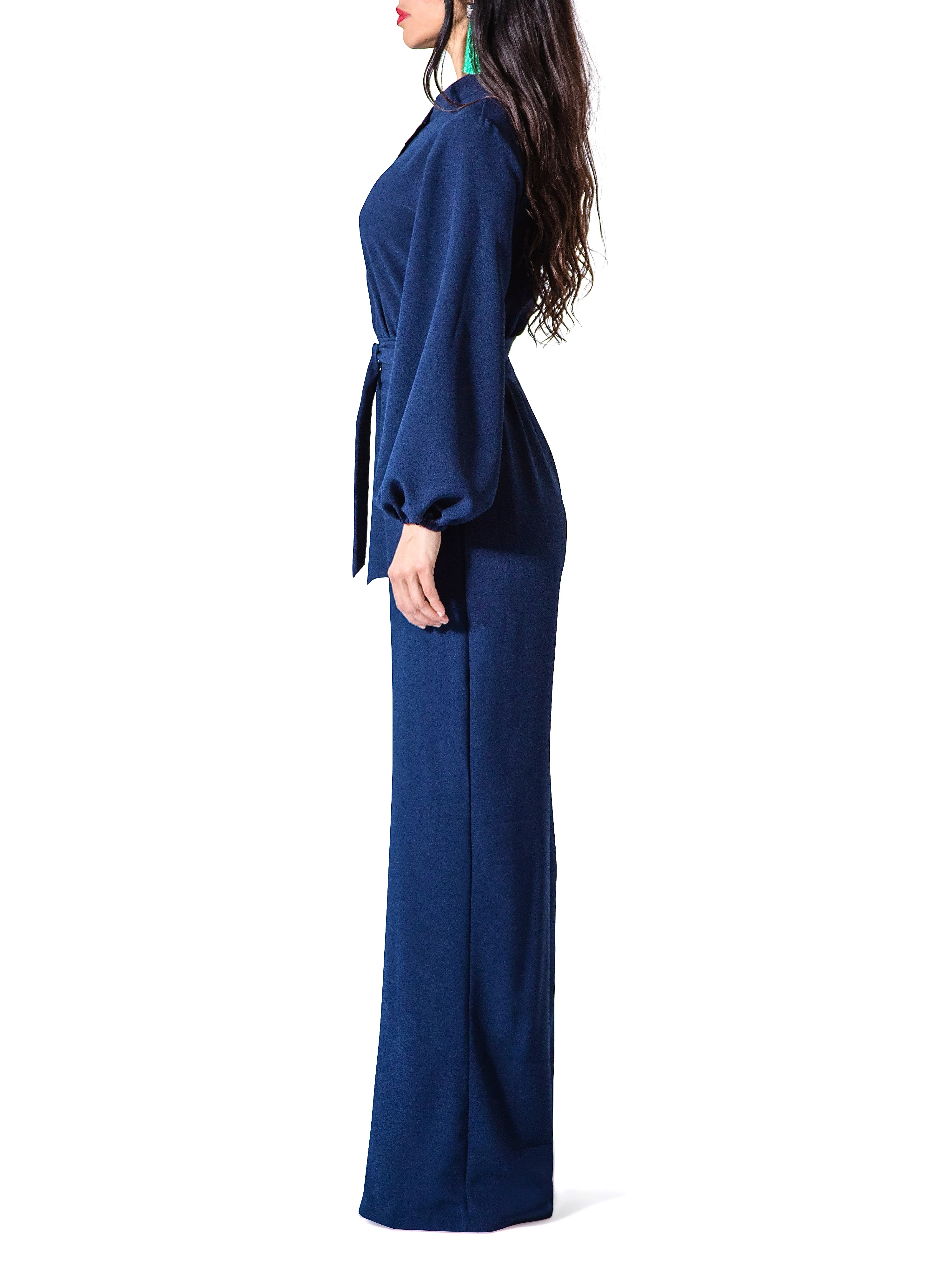 "Linda" Navy Bell Sleeve Wide Leg Jumpsuit - Image 4
