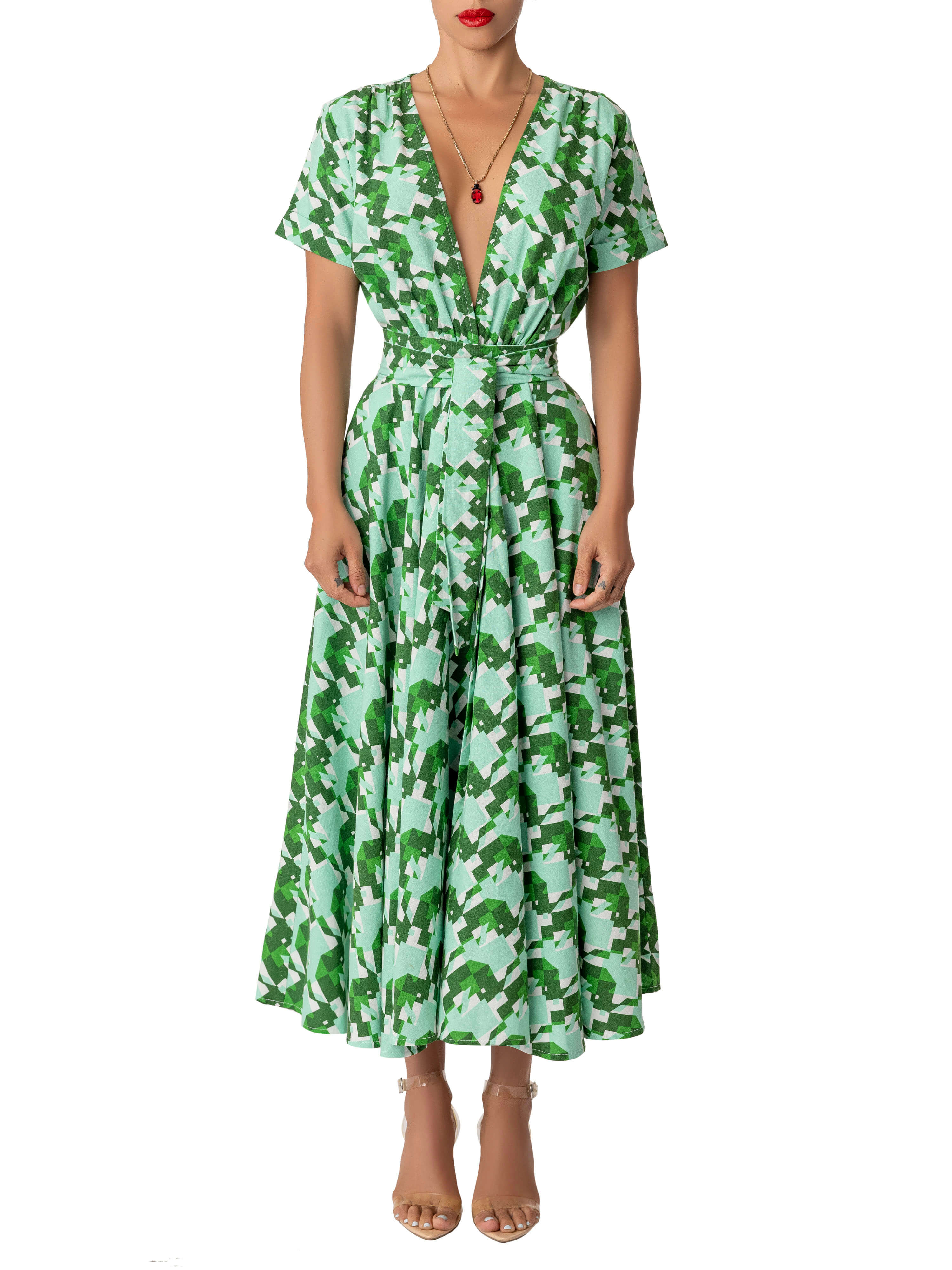 "Natalia" Green Print Gathered Midi Dress - Image 3