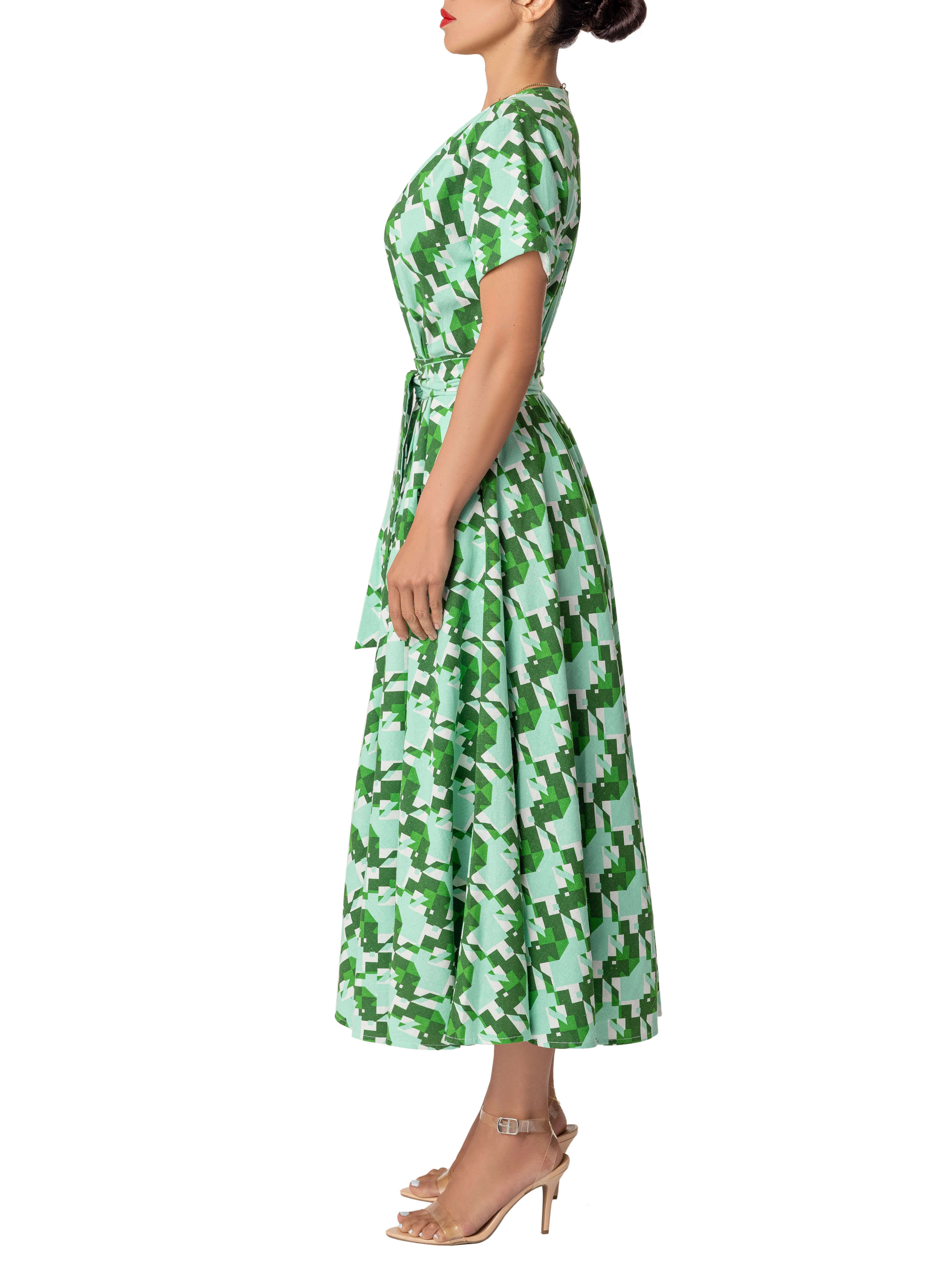 "Natalia" Green Print Gathered Midi Dress - Image 4