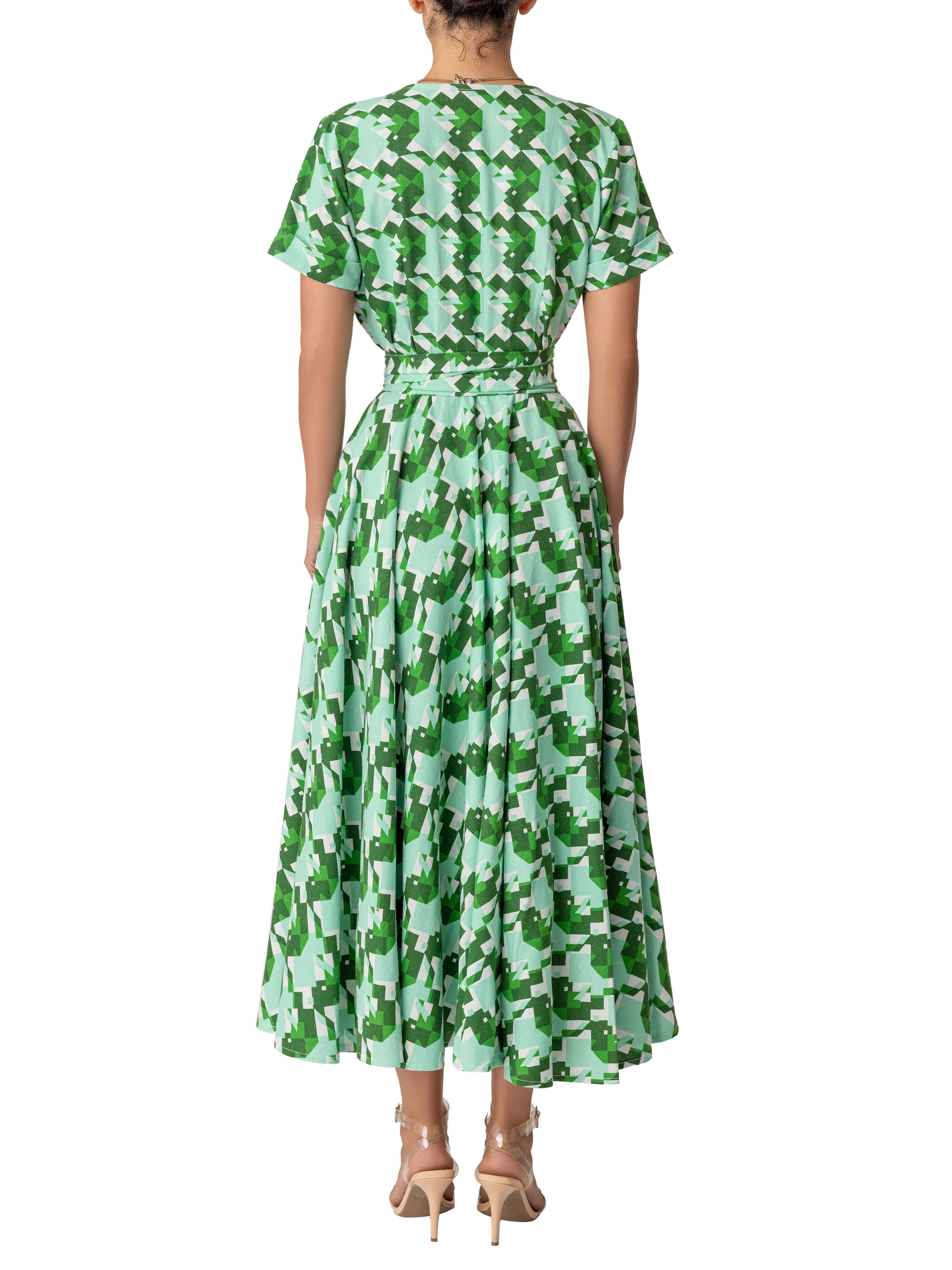 "Natalia" Green Print Gathered Midi Dress - Image 5