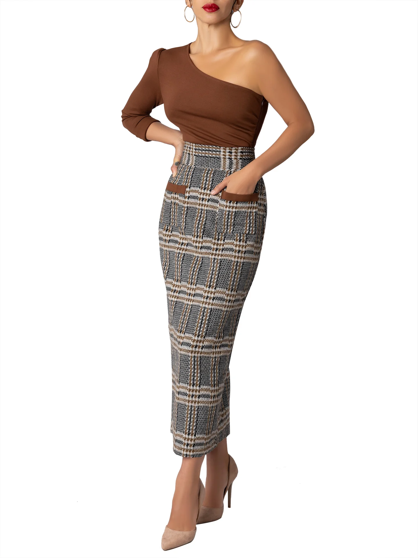 "Nottingham" Brown Brushed Plaid Pencil Skirt - Image 4