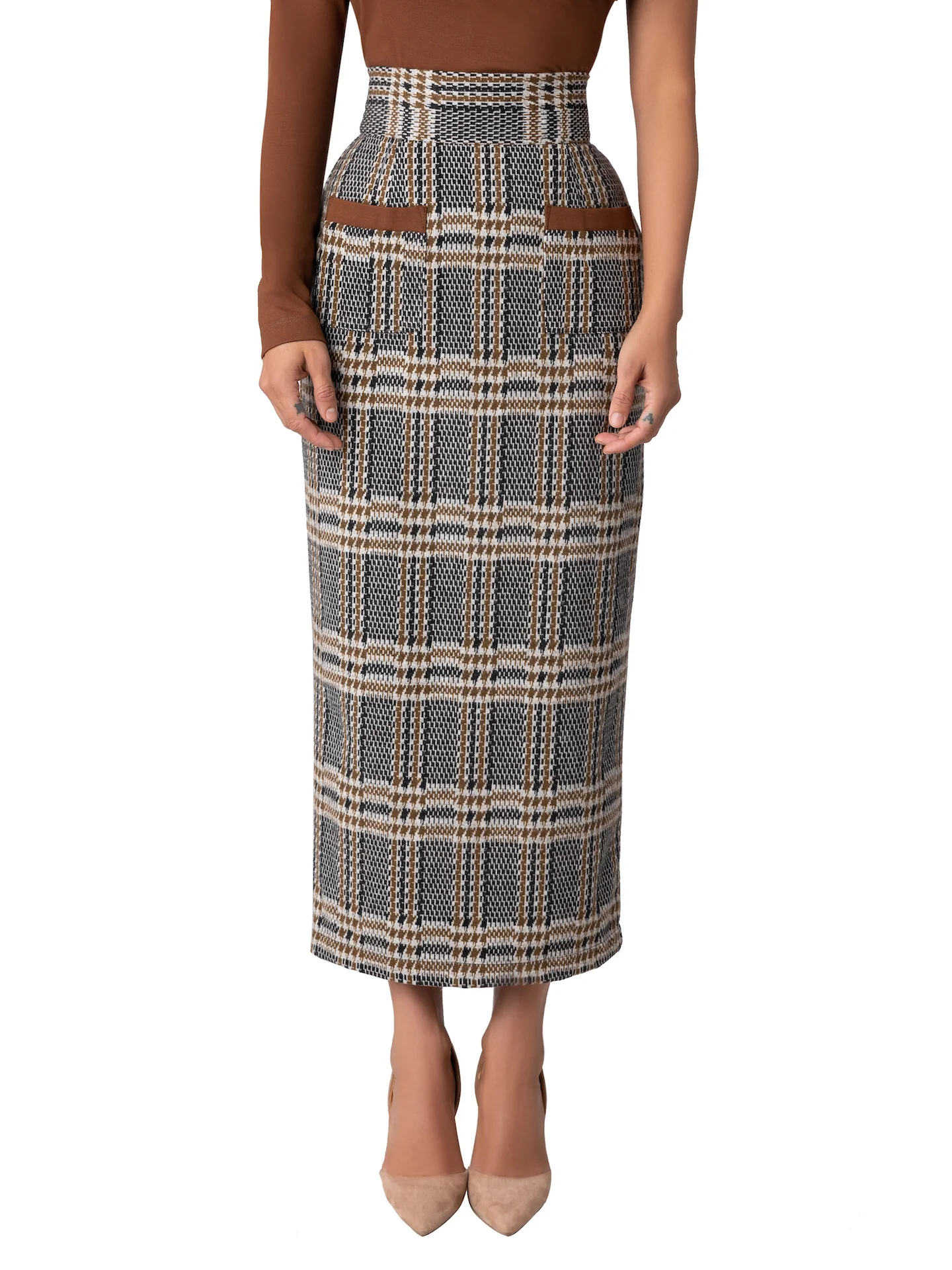 "Nottingham" Brown Brushed Plaid Pencil Skirt - Image 5