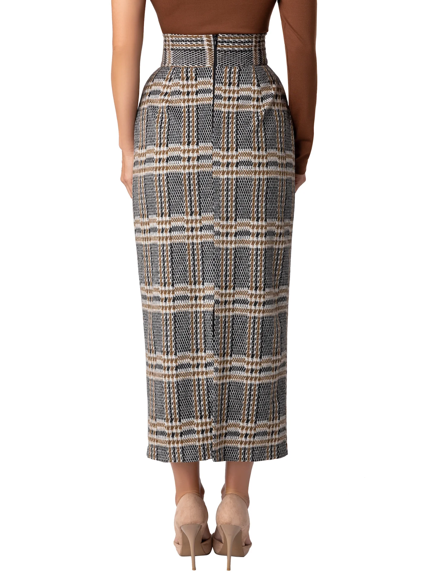 "Nottingham" Brown Brushed Plaid Pencil Skirt - Image 7