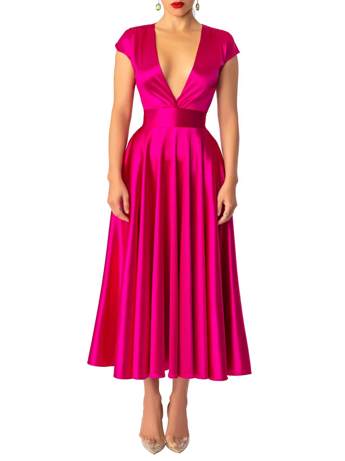 "Rubellite"  Magenta V-Neck Midi Dress - Image 3
