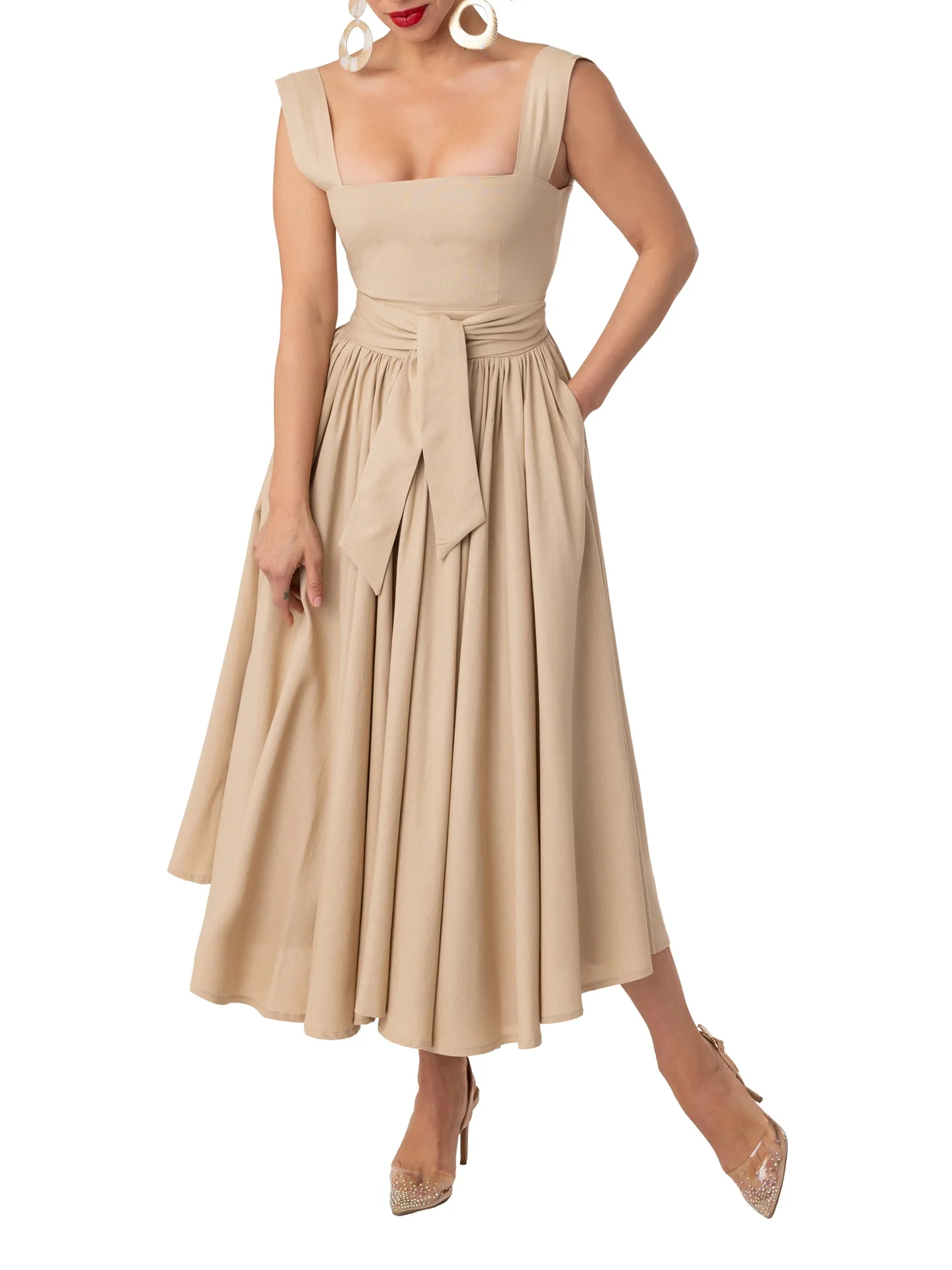 "Sandbar" Tan Square Neck Dress - Image 4