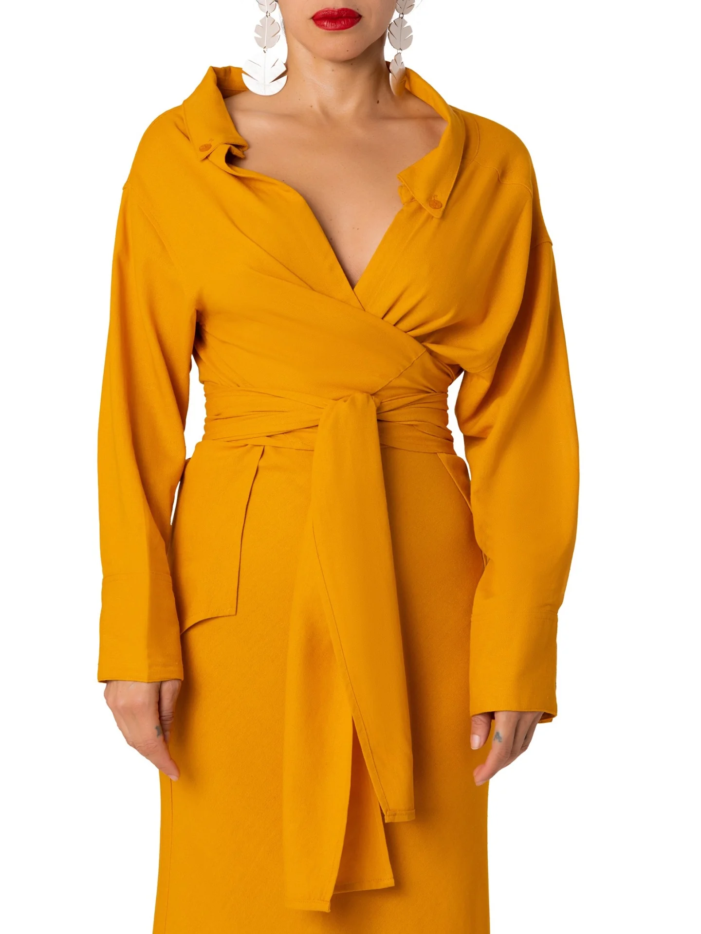 "West Bay" Yellow Off Shoulder Wrap Shirt - Image 6